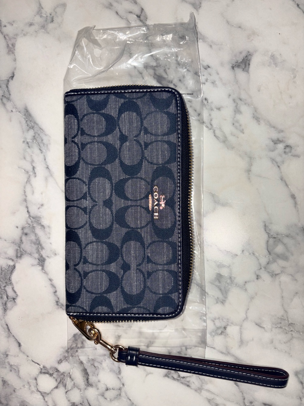 Coach Signature Zip Wallet in Chambray Denim and Charcoal